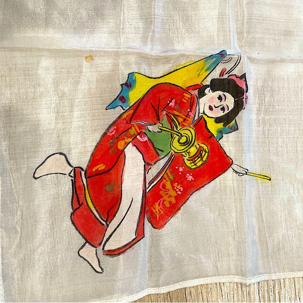 Handpainted Japanese Girl Playing Instrument on Pure Silk Handerchief